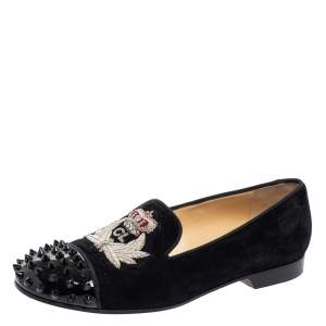 Pre Owned Christian Louboutin Black Suede Harvanana Spiked Smoking Slippers Size 38