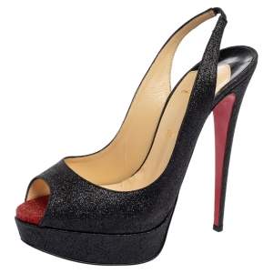 Christian Louboutin Black Glitter Lady Peep Toe Platform Slingback Sandals Size 41
