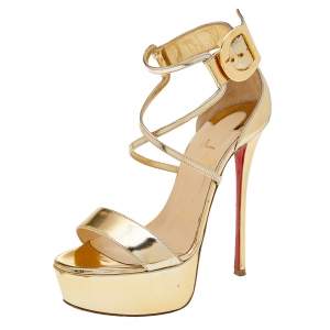 Christian Louboutin Metallic Gold Leather Choca Platform Ankle Strap Sandals Size 36.5