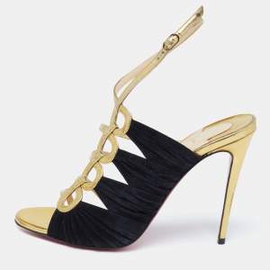 Christian Louboutin Black/Gold Suede and Leather Tina Cage Ankle-Strap Sandals Size 38.5