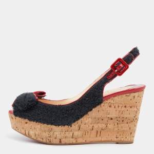 Christian Louboutin Black/Red Fabric And Patent Leather Trim Bow Cork Wedge Slingback Sandals Size 38.5