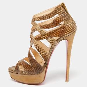 Christian Louboutin Brown/Beige Python Leather Balota Platform Sandals Size 38