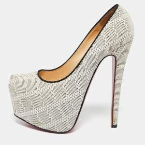 Christian Louboutin White/Black Raffia Daffodile Platform Pumps Size 36.5