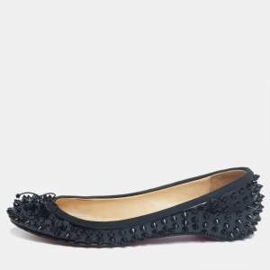 مملوكة مسبقًا Christian Louboutin Black Patent Leather Sonietta Spikes Bow Ballet Flats Size 36.5