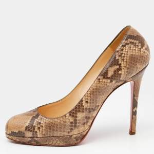 Christian Louboutin Brown/Beige Python Leather New Simple Platform Pumps Size 38.5