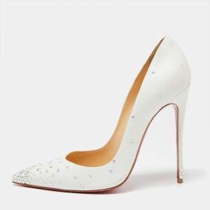 مملوكة مسبقًا Christian Louboutin White Leather Crystal Embellished So Kate Pumps Size 39