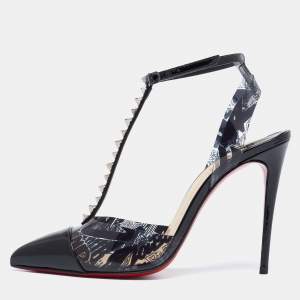 Pre Owned Christian Louboutin Black Graffiti Print PVC and Patent Leather Nosy Spike Sandals Size 36