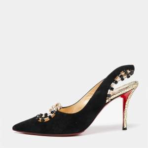 Christian Louboutin Black Suede Whipstitch Pointed Toe Slingback Sandals Size 39