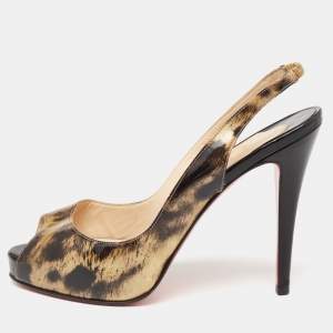 Christian Louboutin Black/Gold Printed Patent Leather No Prive Slingback Sandals Size 38