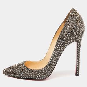 Pre Owned Christian Louboutin Grey Crystal Embellished Suede Pigalle Pumps Size 38.5