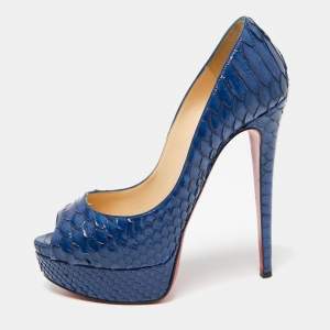 Christian Louboutin Blue Python Leather Lady Peep Platform Pumps Size 37