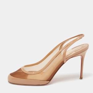 Christian Louboutin Beige Mesh and Patent Leather Slingback Pumps Size 38