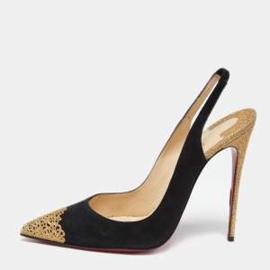 مملوكة مسبقًا Christian Louboutin Black Suede and Gold Glitter Almine Pointed-Toe Slingback Pumps Size 41