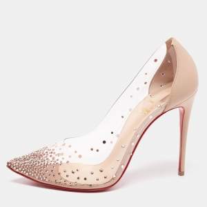 مملوكة مسبقًا Christian Louboutin Beige Leather And PVC Degrastrass Pointed Toe Pumps Size 38