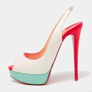 Christian Louboutin Multicolor Patent Leather Lady Peep Toe Platform Slingback Sandals Size 39