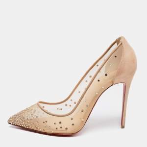 Pre Owned Christian Louboutin Beige Mesh And Suede Follies Strass Crystal Embellished Pumps Size 38.5