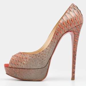 Pre Owned حذاء كعب عالي كريستيان لوبوتان ليدي جلد ثعبان أومبر رصاصي/برتقالي مقدمة مفتوحة نعل سميك مقاس 39.5