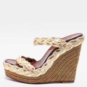 Christian Louboutin Beige/Gold Braided Leather and Suede Espadrille Wedge Slide Sandals Size 38