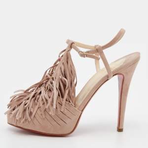 Christian Louboutin Pink Suede Fringe T-Strap Platform Sandals Size 37