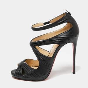 Christian Louboutin Black Pleated Leather Kashou Ankle-Strap Sandals Size 38