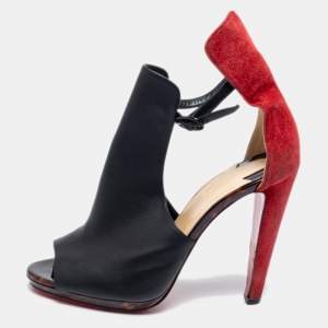 Christian Louboutin Black/Red Suede And Leather Barabara Cutout Ankle Boots Size 40
