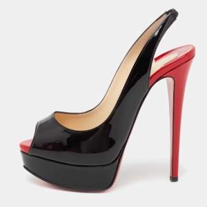 مملوكة مسبقًا صنجل كريستيان لوبوتان ليدي جلد لامع أسود مقدمة مفتوحة فتحة كعب مقاس 35