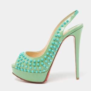 Christian Louboutin Green Patent Leather Lady Peep Spike Platform Slingback Sandals Size 38.5