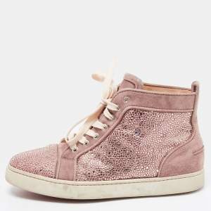 Christian Louboutin Pink Suede Louis Flat Strass High-Top Sneakers  Size 40