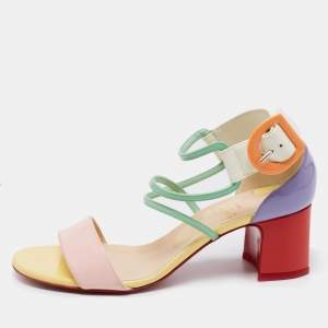 Christian Louboutin Multicolor Patent Leather Choca Block Heel Ankle Strap Sandals Size 37