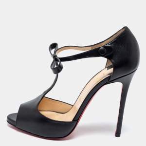 Christian Louboutin Black Leather T-Strap Peep Toe Sandals Size 40
