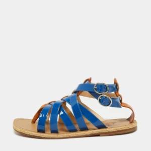 Christian Louboutin Blue/Brown Patent Leather Caged Espadrille Flat Sandals Size 40