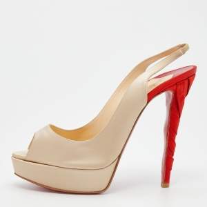 مملوكة مسبقًا Christian Louboutin Beige Satin Plisseta Peep Toe Platform Sandals Size 41