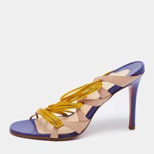 Christian Louboutin Metallic Gold/Beige Leather Strappy Frescobaldi Sandals Size 36