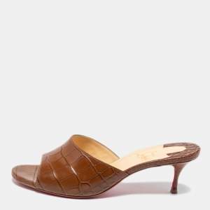 Christian Louboutin Brown Croc Embossed Leather East Open Toe Slide Sandals Size 38.5