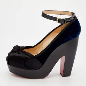 مملوكة مسبقًا Christian Louboutin Black/Blue Velvet And Satin Miss Mini Bow Ankle Strap Platform Pumps Size 40