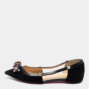 مملوكة مسبقًا Christian Louboutin Black Suede Tudor Young Embellished Cut Out Pointed Toe Flats Size 36