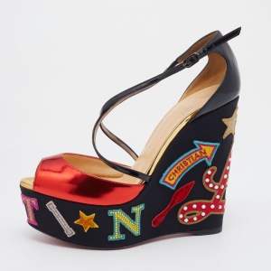 مملوكة مسبقًا Christian Louboutin Red/Black Patent And Leather Loubi Zeppa Crisscross Wedges Sandals Size 37.5