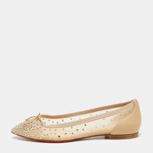 Pre Owned حذاء باليرينا فلات كريستيان لوبوتان ستراس باشيو جلد وشبكة بيج مقاس 36