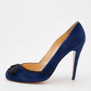 Pre Owned Christian Louboutin Blue Suede Lavalliere 100 Pumps Size 40