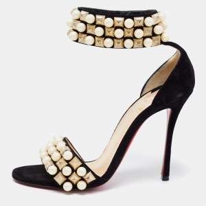 Christian Louboutin Black Suede Tudor Bal Embellished Ankle Strap Sandals Size 38