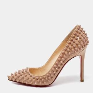 Pre Owned Christian Louboutin Beige Patent Leather Pigalle Spikes Pumps Size 36.5