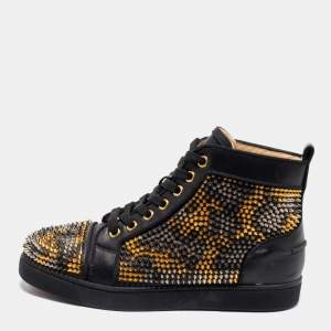 Christian Louboutin Black Leather Louis Spikes High-Top Sneakers Size 36.5