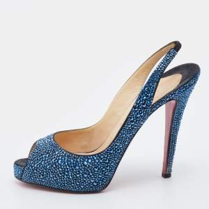 Christian Louboutin Blue Suede Crystal Embellished N Prime Peep Toe Platform Slingback Sandals Size 40