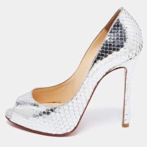 Christian Louboutin Silver Python Leather Flo Peep Toe Pumps Size 35