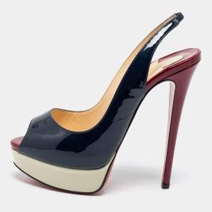 Christian Louboutin Tricolor Patent Leather Lady Peep-Toe Platform Slingback Sandals Size 38.5