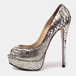 Christian Louboutin Metallic Silver Python Leather Lady Peep Toe Platform Pumps Size 37.5