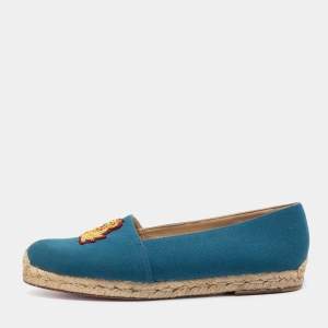 Pre Owned Christian Louboutin Blue Canvas Gala Embroidered Crest Flat Espadrilles Size 39