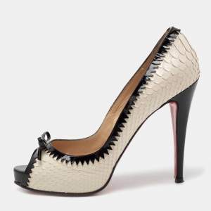 Christian Louboutin Beige/Black Python Leather Bow Very Prive Peep-Toe Pumps Size 40