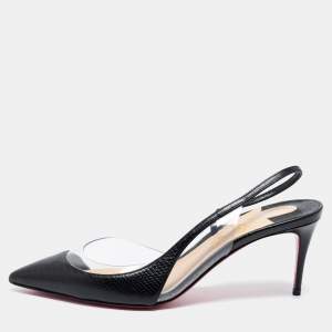 Pre Owned Christian Louboutin Black Leather And PVC Pointed Toe Slingback Sandals Size 36