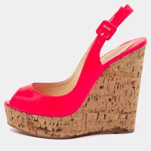 Christian Louboutin Neon Pink Leather Une Plume Peep-Toe Cork Wedge Sandals Size 40.5